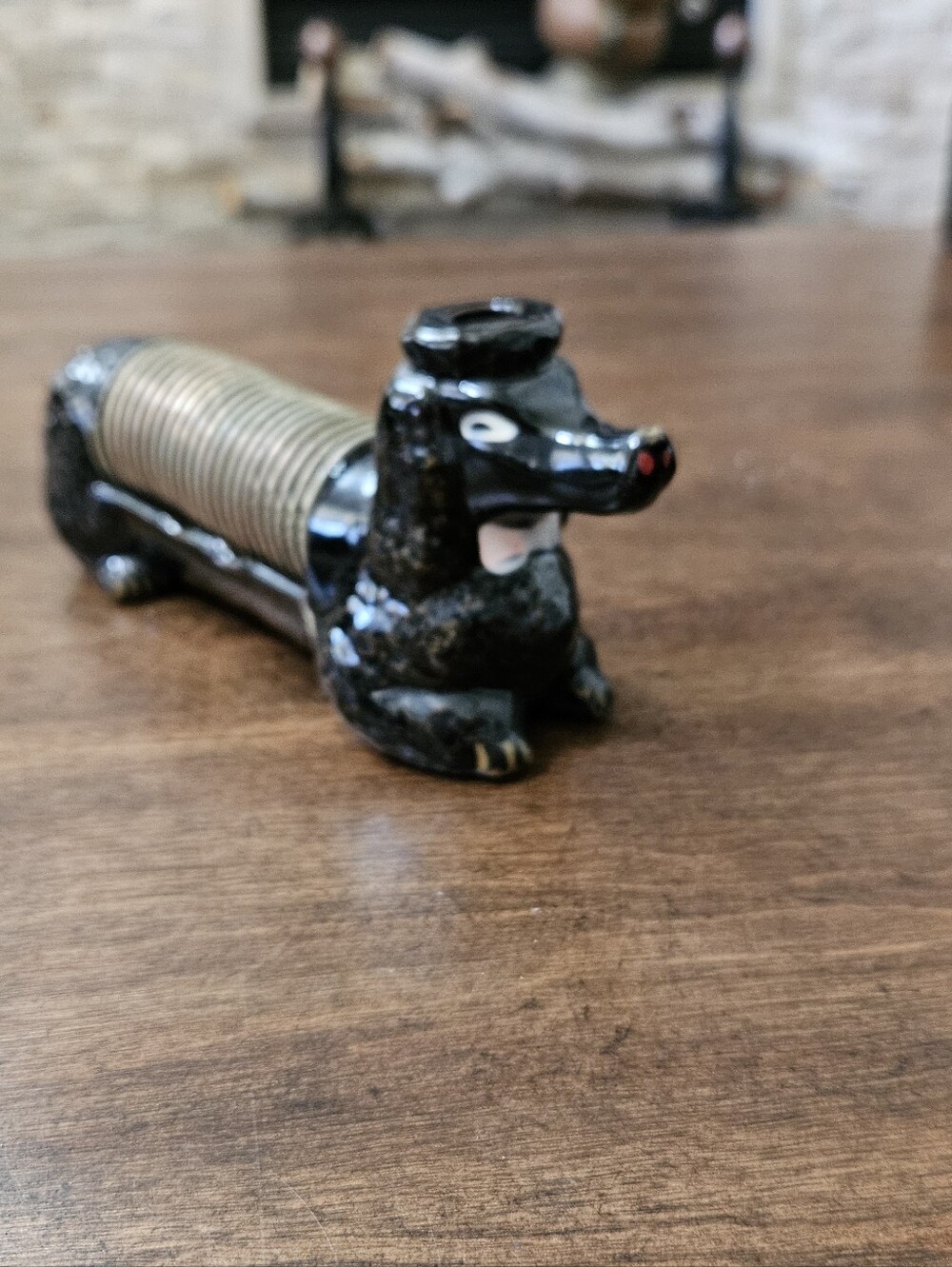Vintage Ceramic Dachshund Poodle Coil Spring Figurine - Black with Gold Accents